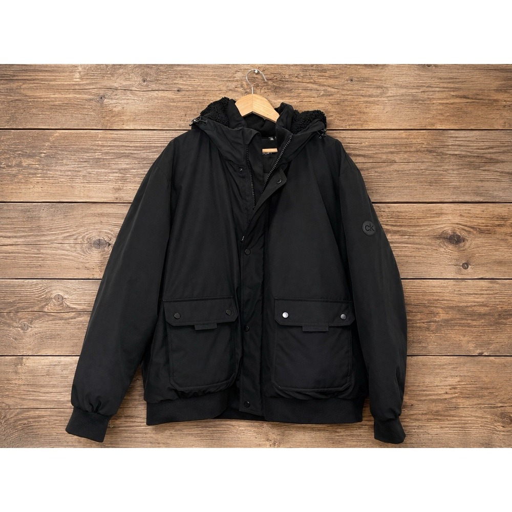 Calvin Klein Mens 2XL Black Hooded Insulated Utility Jacket Faux Shearling Coat - Picture 2 of 13